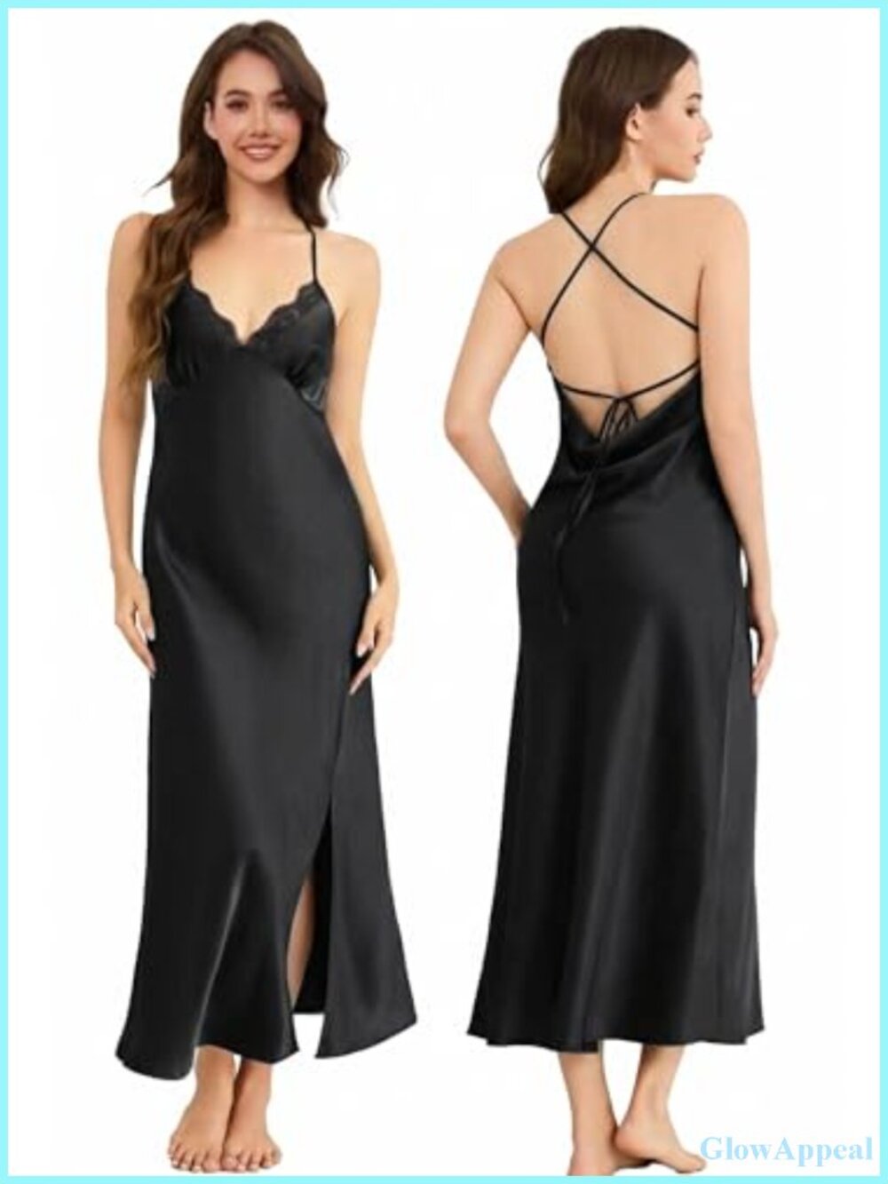 Silky Satin Lace V-Neck Backless Nightgown Slip Dress Women Sleepwear